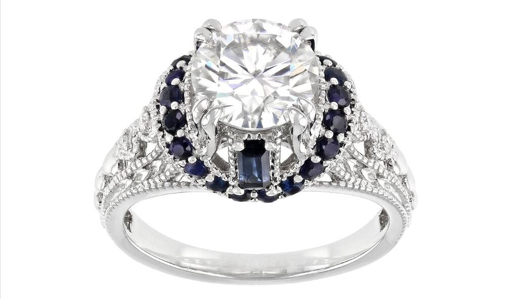 Gorgeous 1.94 Ct. Genuine Moissanite & Blue Sapphire Engagement/Bridal Ring Sz 8